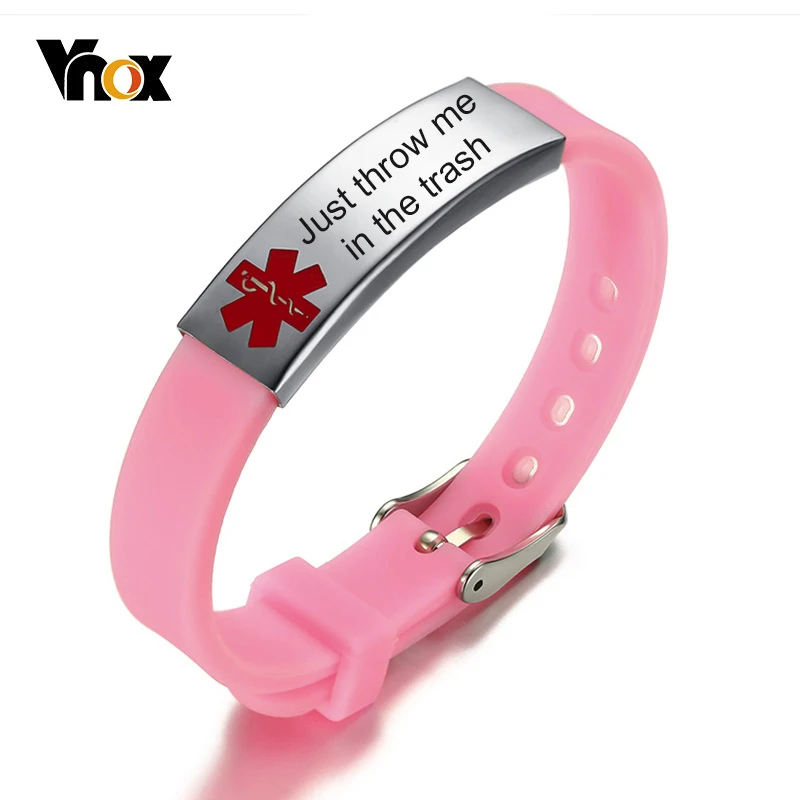 Pink Engrave Vnox, просто Бросьте меня в мусорное ведро, медицинский оповещение, ID браслеты для мужчин и женщин, бирка из нержавеющей стали, Регулируемый силиконовый руль - Окраска металла: Pink Engrave