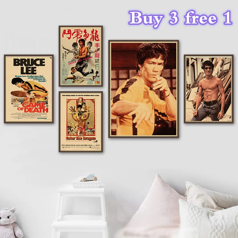 Bruce Lee Wall Poster Wallpaper Kung Fu Movies Kraft Paper Gym House Decal Gift 