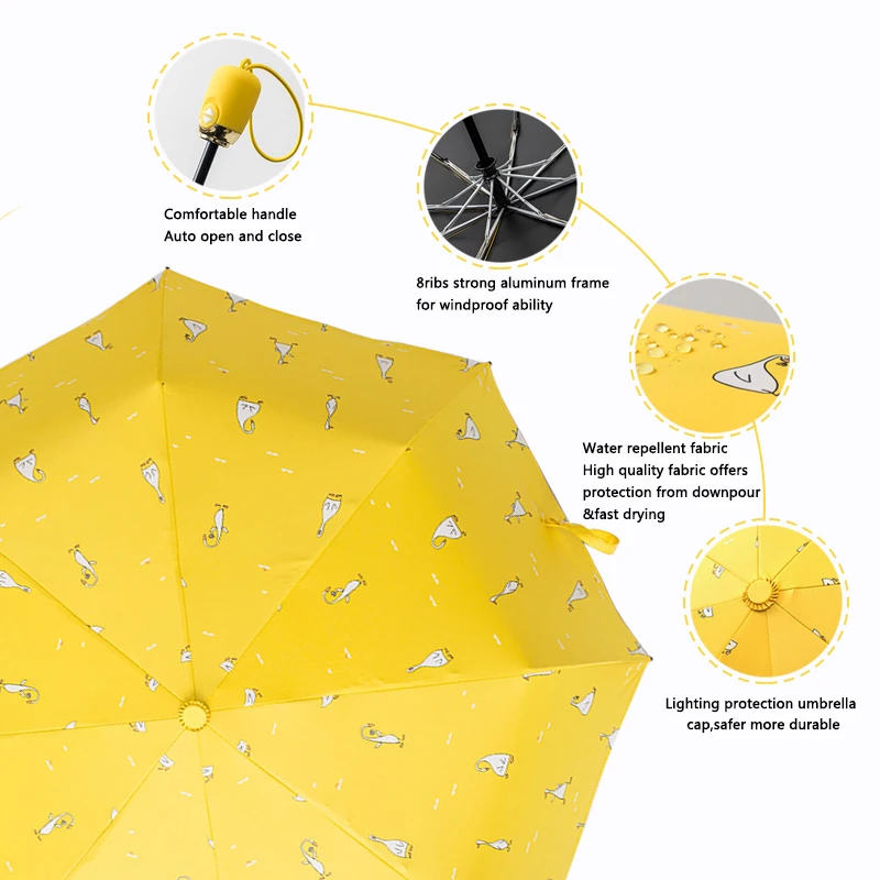 Автоматический Женский Зонт от дождя, желтый ветрозащитный тройной складной зонтик, Женский Детский зонт, мужской автоматический зонт, прочный