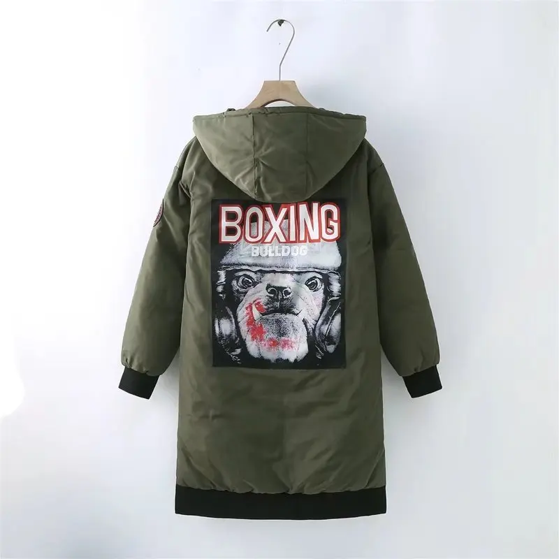 

2018 Winter New Style Korean-style Lettered Applique Loose-Fit Hooded Long Cotton Coat Cotton-padded Clothes Women's