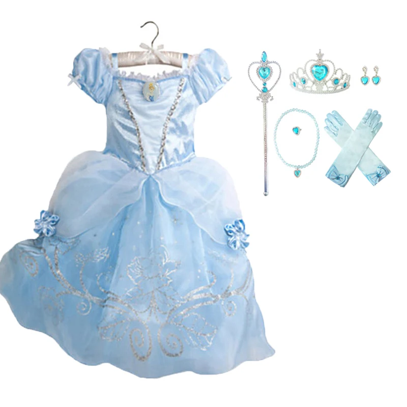 blue sets Платье принцессы для девочек с аксессуарами, костюм Рапунцель, Золушки, Беллы, Авроры на Хэллоуин, детское рождественское платье Белоснежки, Софии - Цвет: blue sets