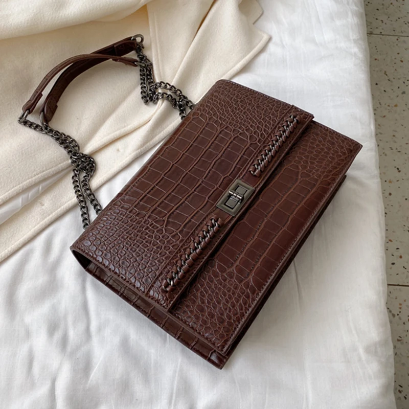 

Burminsa Vintage Big Crocodile Pattern Chain Shoulder Bags For Women Lock Design Large Capacity Work Ladies Messenger Bags 2020