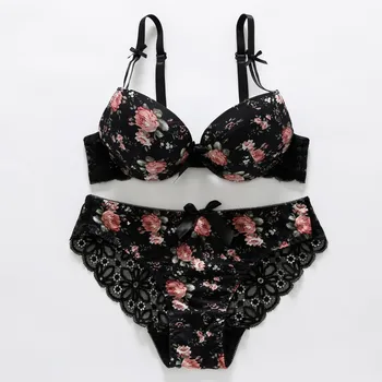 

Sexy Women Print Bra set Embroidery Lingerie Silk Lace Flower Push up Thin Padded Bra Set Brassiere and Hollow out Panties