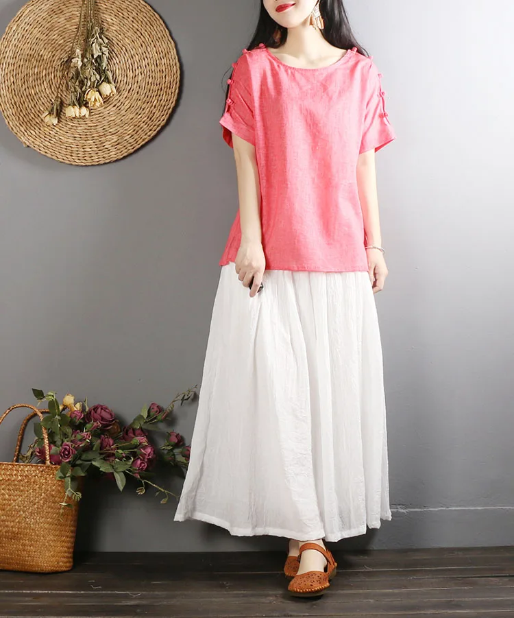 Chinese Style Cotton Linen Tops Casual Tshirt Retro Button Short Sleeve Summer National Loose Solid Color Loose T-Shirt Blue
