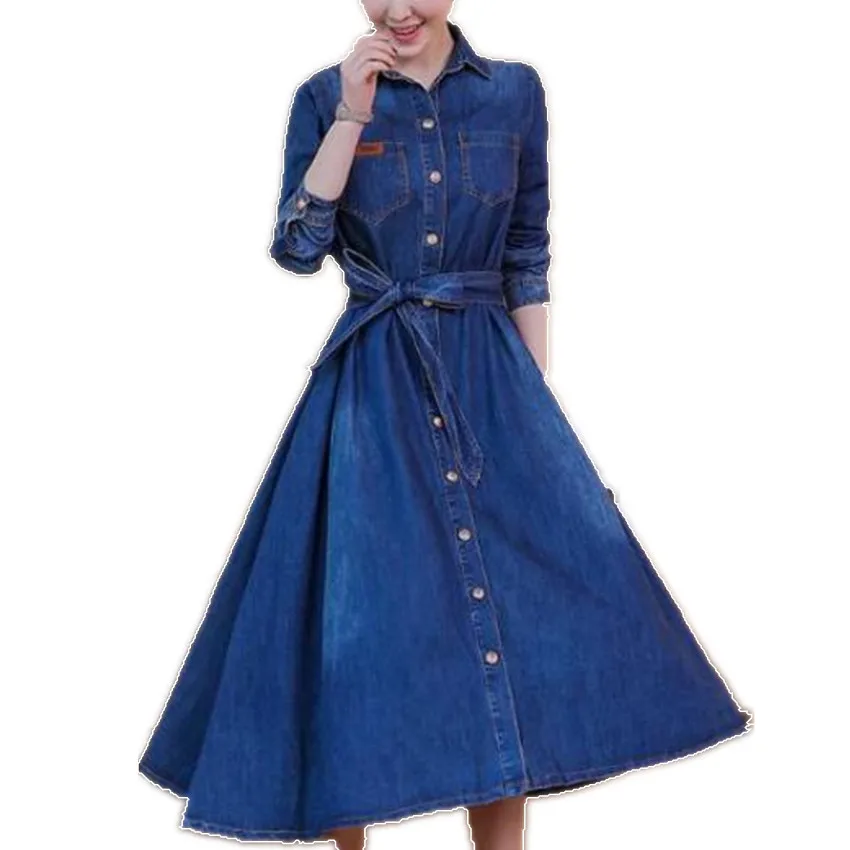 

spring women Fashion jeans Dress Slim Denim turn down collar Dress Ladies Knee-length a-line Dress plus size 2XL