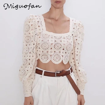 

Miguofan hollow out Women blouse shirts lace up crop blouser shirt elegant puff sleeve short blouse female vintage shirt tops