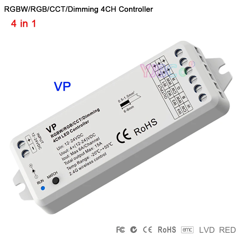 

VP RF 2.4G RGBW/RGB/CCT/Dimming led controller 4 in 1 DC12-24V 15.5A 4CH receiver PWM dimmer for led strip led bulb