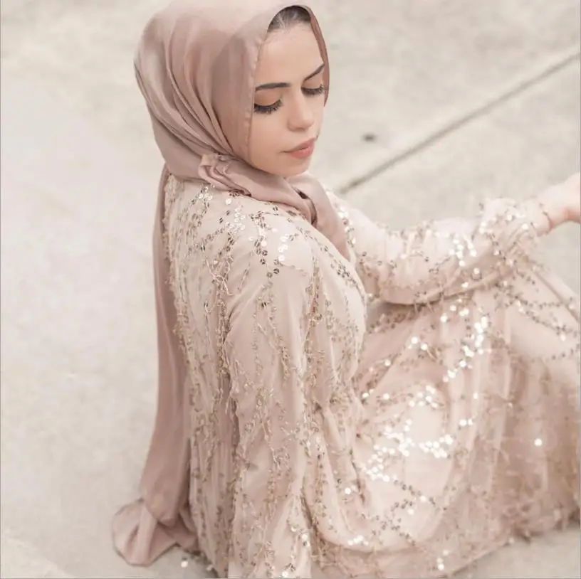

Luxury Muslim Sequins Abaya Hijab Full Dress Vestidos Cardigan Kimono Long Robe Gowns Jubah Middle East Eid Ramadan Islamic
