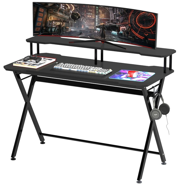 HOMCOM Mesa Gaming para Juegos Mesa Escritorio para Ordenador PC con  Soporte para Monitor y Auriculares 140x60x90 cm Negro Computadora Elevador  Manitor Multifuncional