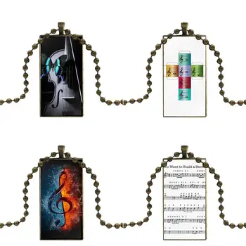 

For Women Gift Glass Cabochon Pendant Necklace Rectangle Fashion Necklace Violin Music Musical Note