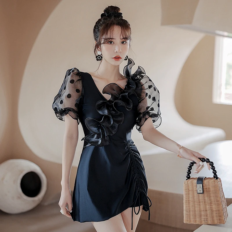 

Plus Size Sexy Gauze Short Puff Sleeve Swimsuit Women One Piece Solid Swimwear V-neck Bathing Suit L-4XL Skirts Pad Wire-free