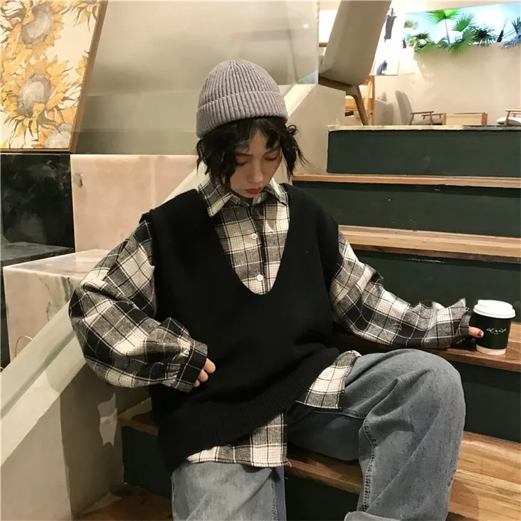 Harajuku Stylw шикарный Однотонный свитер жилет для колледжа для женщин на улице осень/зима ветер v-образным вырезом жилет клетчатая рубашка куртка