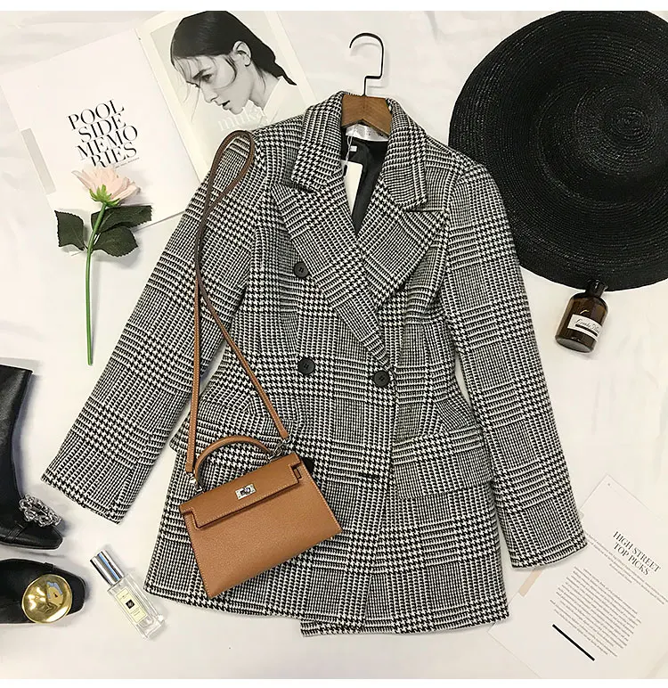 Plaid Осенне-зимняя шерстяная Женская куртка, винтажный клетчатый Блейзер, женский двубортный шерстяной костюм с узором «гусиная лапка», пальто, chaqueta mujer - Цвет: Plaid