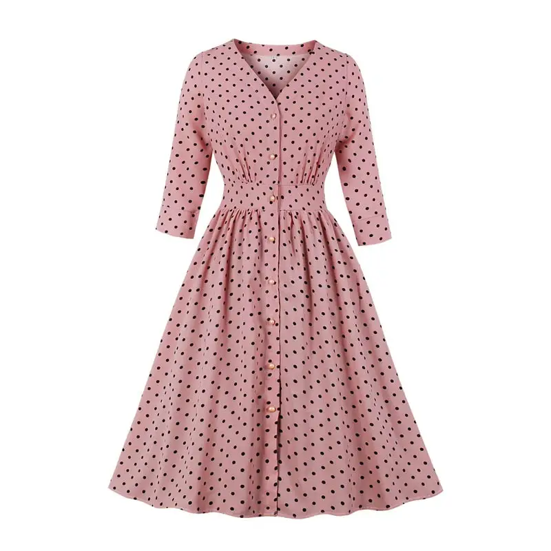 Pink MISSJOY, Ретро стиль, осень, рукав 3/4, v-образный вырез, платья для вечеринок, женские, элегантные, с принтом в горошек, а-силуэт, высокая талия, на пуговицах, Ретро стиль, 50 S, для женщин - Цвет: Pink