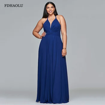 

AE38 Plus Size Royal Blue Prom Dresses A-Line V-Neck Sleeveless Chiffon Pleat Evening Party Gowns Vestidos De Gala