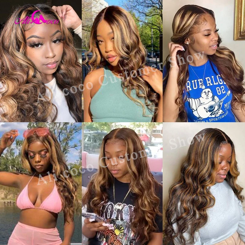 Pacotes com Fechamento Pacotes de Cabelo Onda do Corpo Remy com Fechamento Coco Destaque Colorido Cabelo Ombre Brasileiro p4 - 30 Humano Ali 7 Cheap Pacotes com 34 com fecho