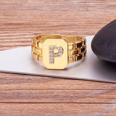 Arrival Fashion Gold Color Initial Ring Open Design Adjustable Hot Sale Watchband Chain A-Z Letters Zircon Rings For Women