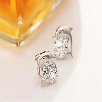 

Cute Dolphin Silver Plated Crystal CZ Stud Earrings Women's Fashion Silver Color Earrings Jewelry Gift