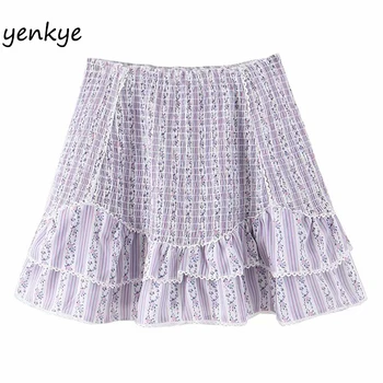 

Sweet Lace Trim Floral Print Skirt Women Elastic High Waist Ruffle Hem A-line Mini Skirt Chiffon Summer jupe femme YF7445