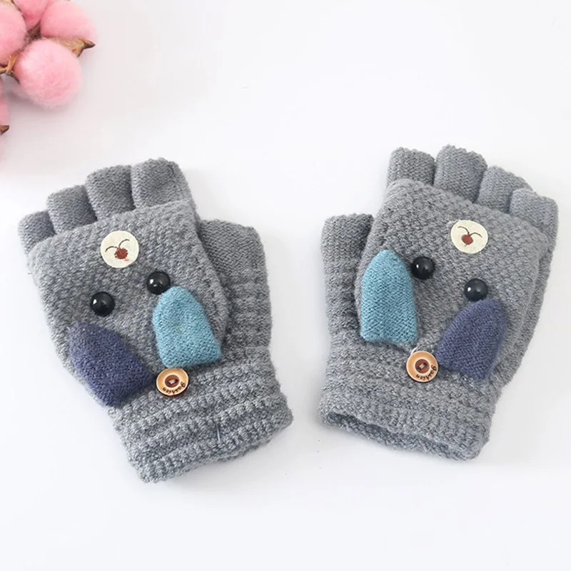 Милые детские зимние перчатки с мультяшным животным, двойные перчатки с половинными пальцами для мальчиков и девочек, полные митенки для пальцев, уличные толстые теплые перчатки