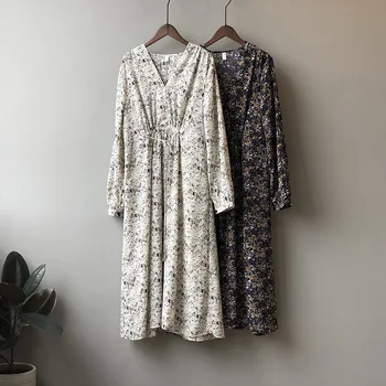 

V-neck Floral Dress Women Korean Drawstring Draw Waist Elegant Over The Knee Long Dresses