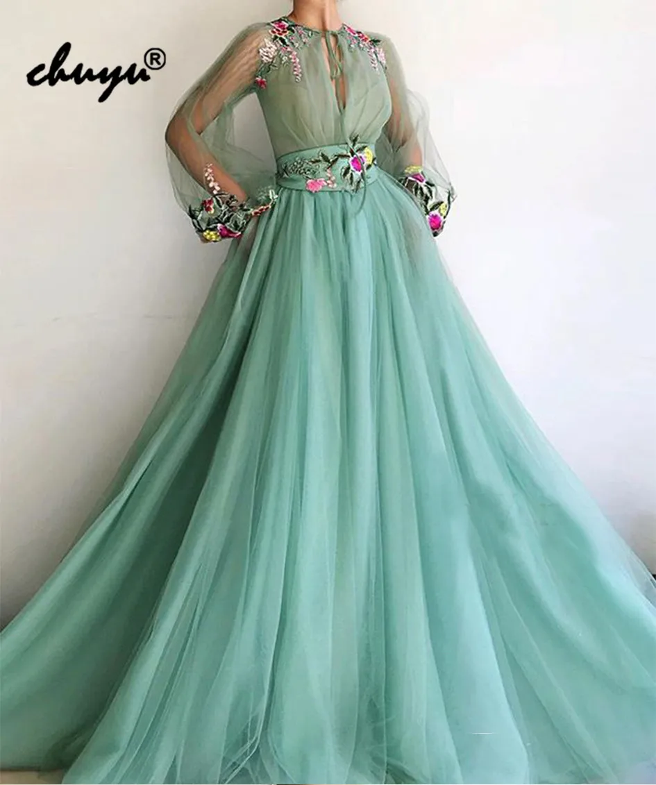 

Mint Green Muslim Evening Dresses Long Sleeves Flowers Illusion Islamic Dubai Saudi Arabic Long Evening Gown Prom Dress-i