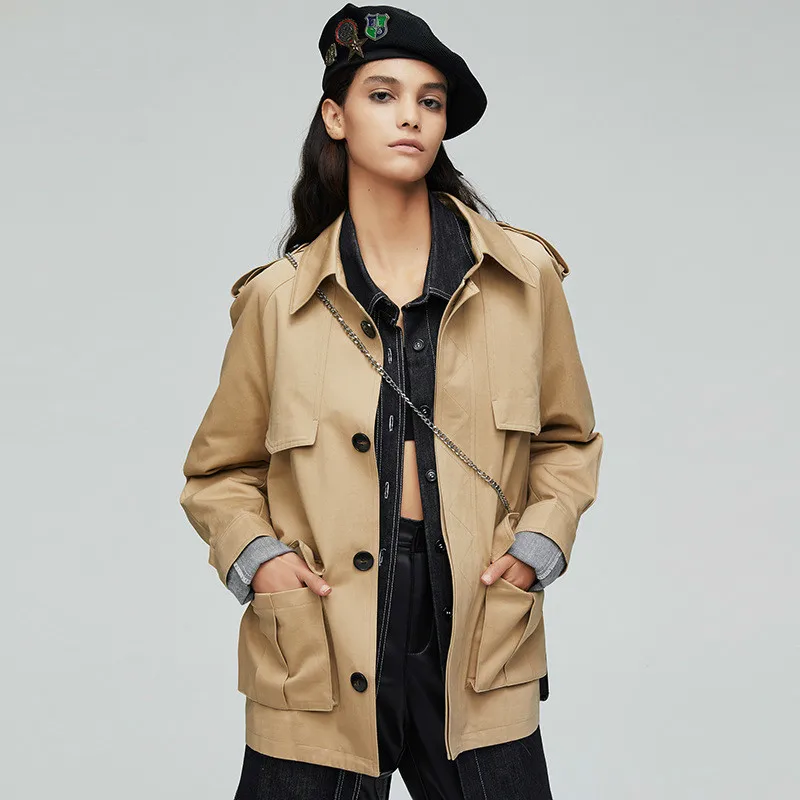 

Spring and Autumn Short Windbreaker Adjustable Waist Leisure safari style Loose Coat short trench women 9016