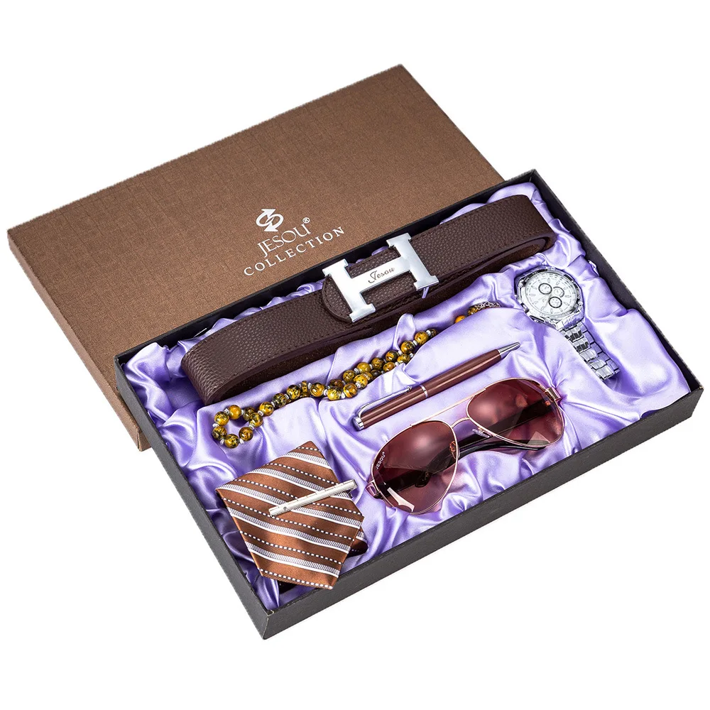 

Men's Quartz Watch High-end Men's Gift Set Beautifully Packed Business Watch + Sunglasses + Tie + Belt + Pen Bead + Bracelet Set