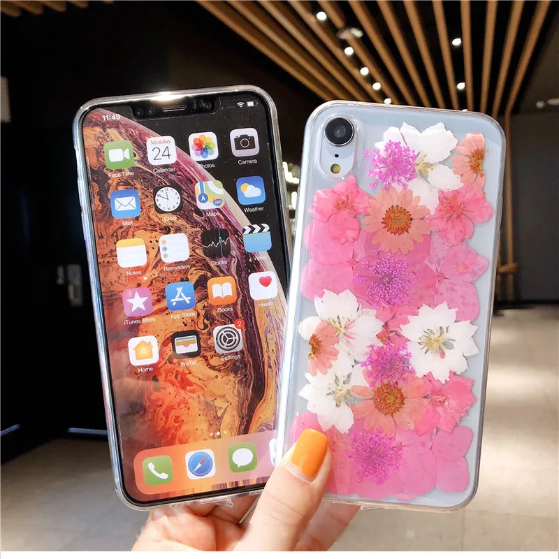 Чехол для телефона iPhone 11 Pro, 6, 6 S, 7, 8 Plus, X, XS, XR Max, мультяшный чехол, Мягкий Силиконовый ТПУ etui, высушенный цветок, настоящий цветок