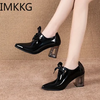 

2019 simple style high heels boots woman pointed toe ankle short boots patent leather British thick heel boots zapatos mujer