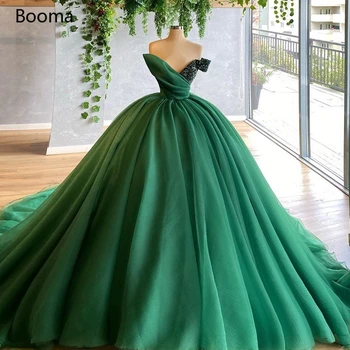 

Gorgeous Green Ball Gown Evening Dresses V-Neck Off the Shoulder Ruched Organza Evening Gowns Long Train Formal Prom Dresses