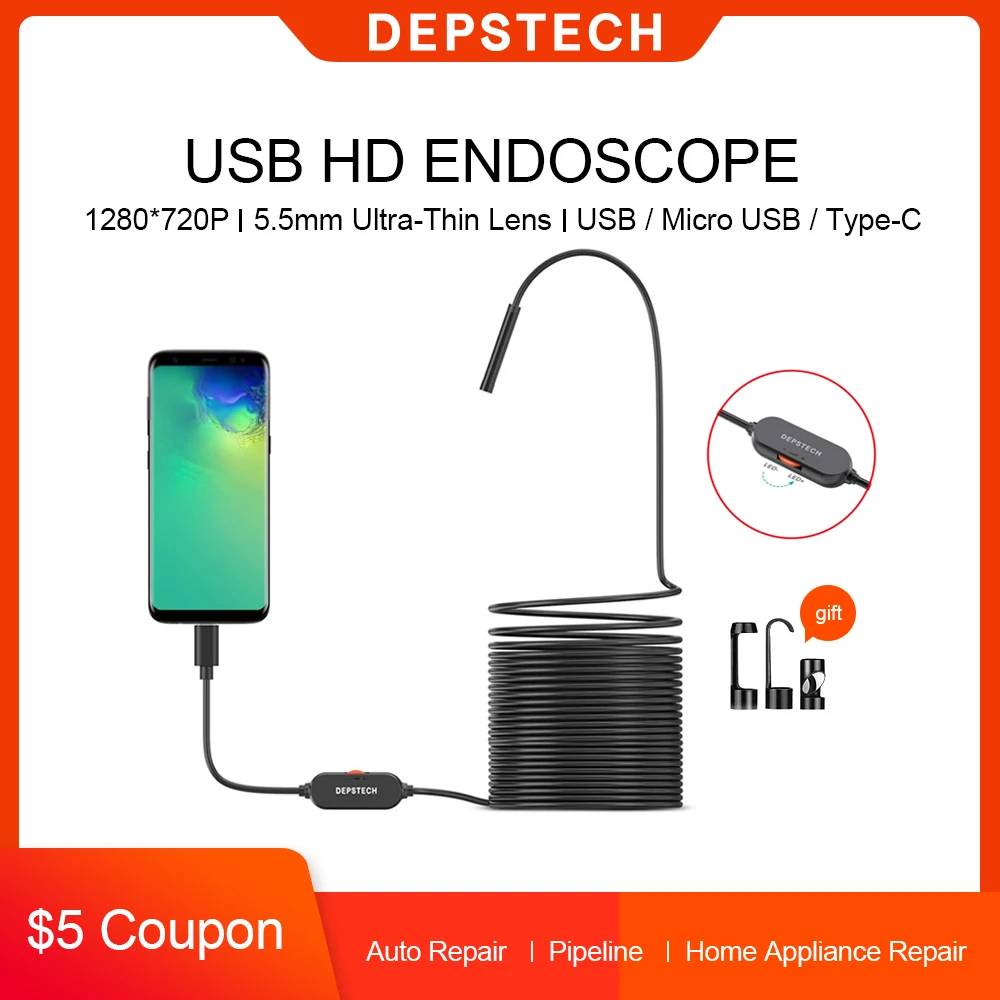 Câmera de Inspeção Ultra-fina do Endoscópio de Depstech Cabo Semi-rígido Impermeável Ip67 Snake Câmera 720p 1mp Borescope Usb 5.5mm 1 High Quality Segurança e Proteção