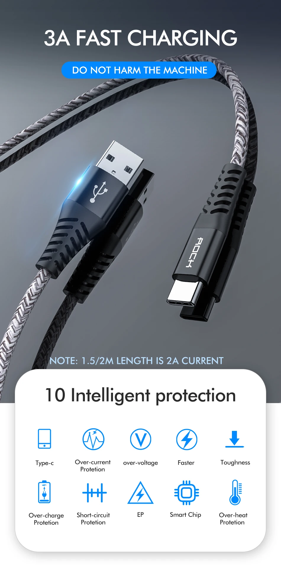 ROCK QC3.0 usb type-C кабель для Xiaomi Redmi K20 Pro 3A Быстрая зарядка usb type-C дата-Устройства Мобильный телефон быстрое зарядное устройство кабель