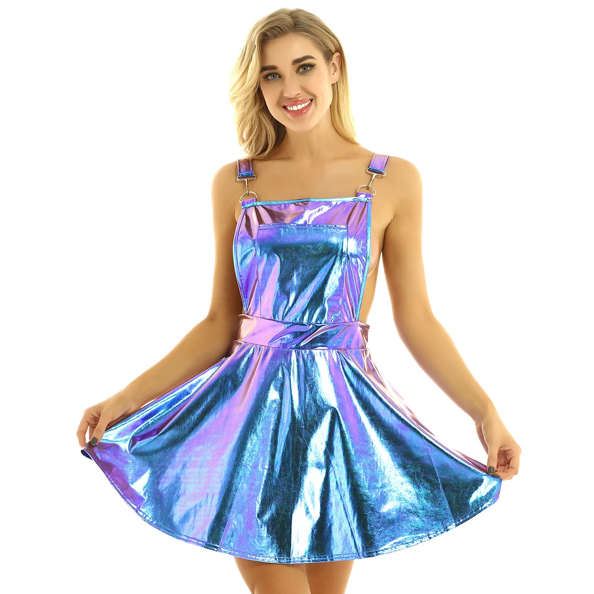 Womens Shiny Metallic Bib Overall Pinafore Prom Dress Rave Costumes Night Club Singer Dancewear Braces Mini Suspender Dresses
