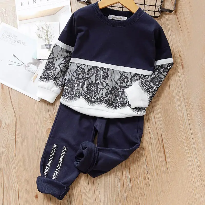 navy blue- az1787 Bear Leader/Детские комплекты для мальчиков и девочек Новая детская одежда повседневные спортивные костюмы комплект детской одежды с кружевом, пуловер+ штаны комплект из 2 предметов - Цвет: navy blue- az1787