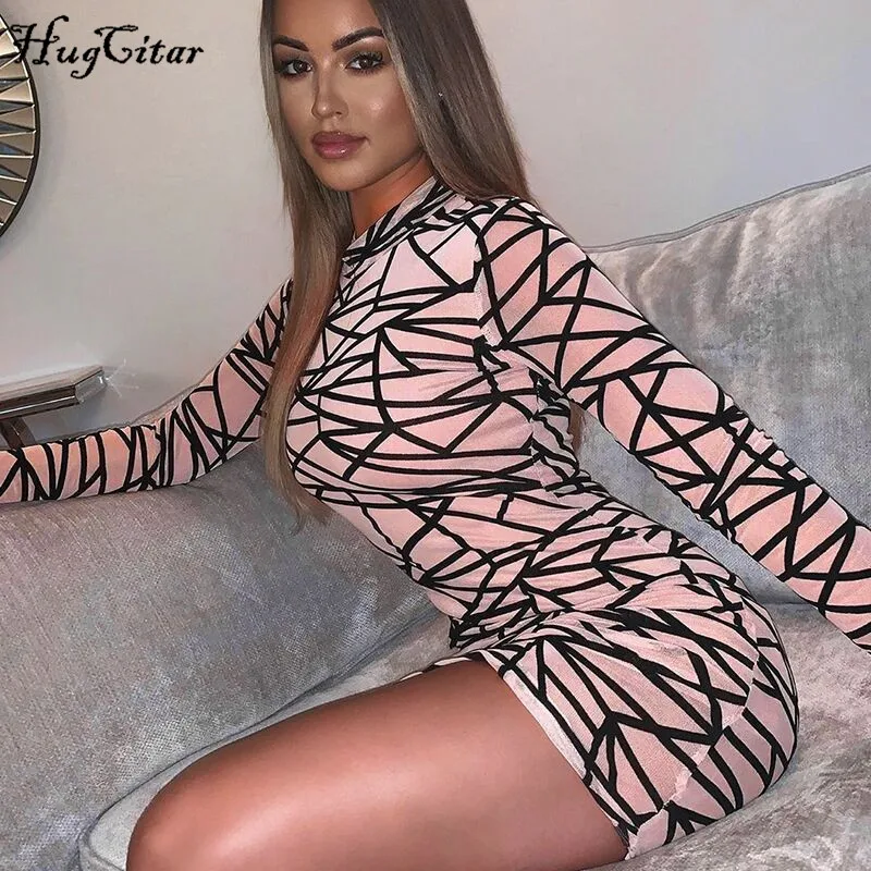 

Hugcitar 2019 long sleeve print mesh see-through sexy mini dress autumn winter women club party streetwear outfits