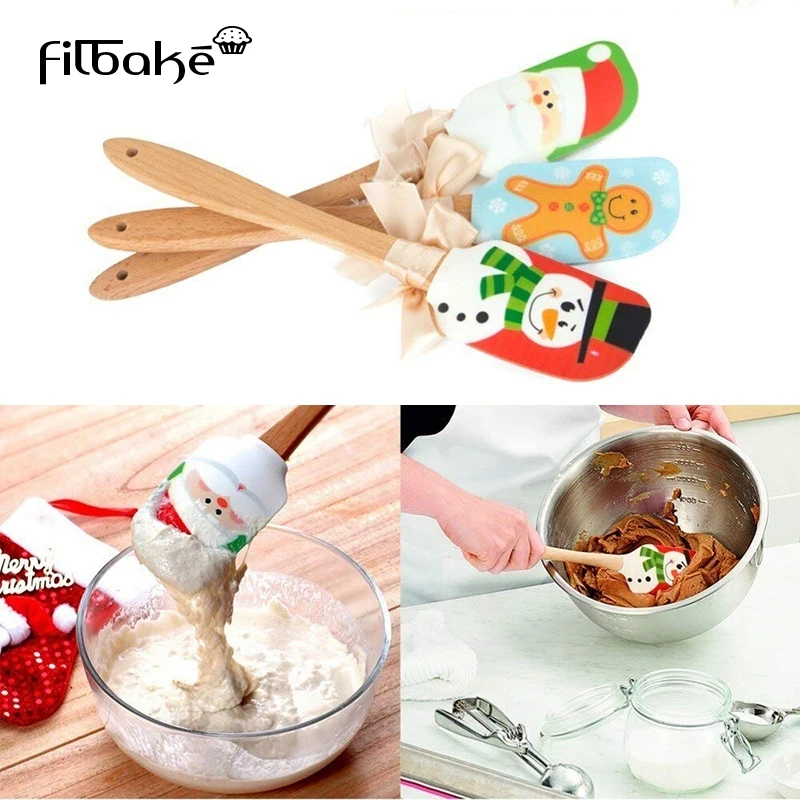 Christmas Wooden Handle Cream Mixing Knife Scraper Pastry Spatula Baking Tool Kitchen Gadget Christmas Style Silicone Butter