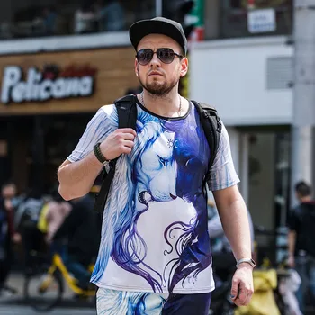 

Summer plus fat short-sleeved men's T-shirt round neck loose lion head print