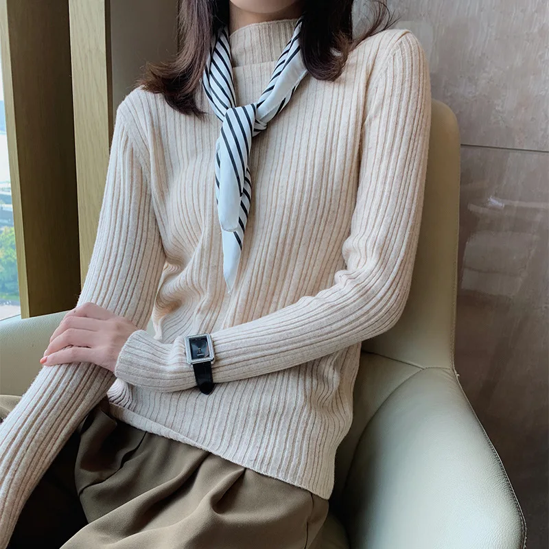 

2019 New Style Half-Turtle-Neck Cashmere Sweater Women's Short Pullover Sweater Slim Fit Thin Wool Sweater Base Warm