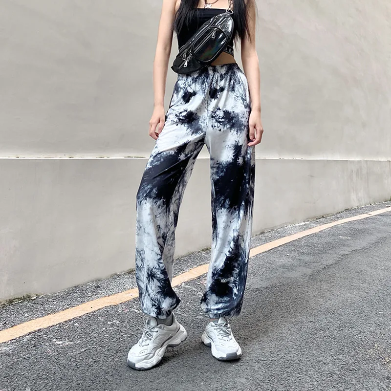 

Autumn Aew Women's Elastic Band High Waist Trousers Letter Printing Ink Tie-Dye Loose All-Match Casual Pants Harem Pants