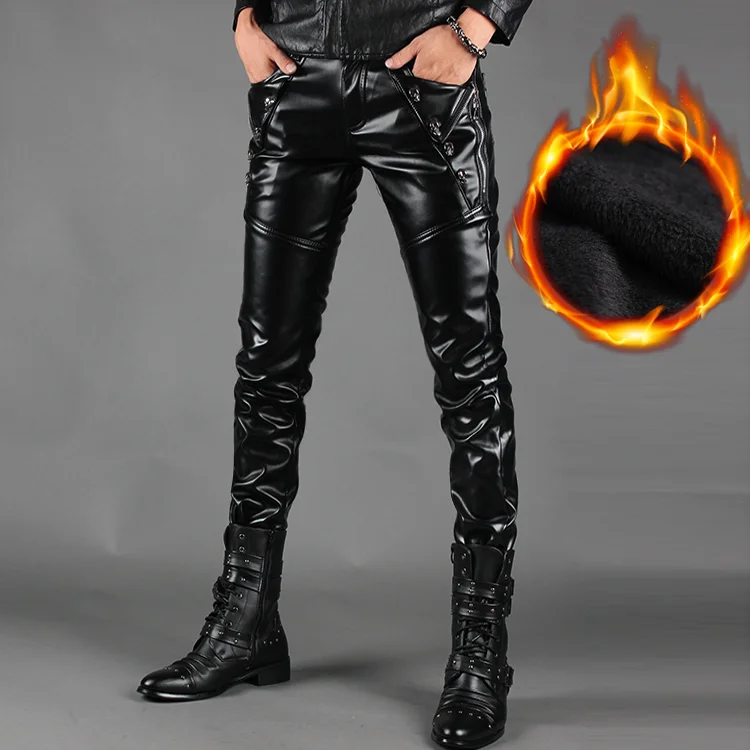 Idopy Men`s Faux Leather Pants With Zippers Biker Stage Performance Night Club Biker Cool PU Trousers For Man