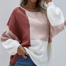 

Stitching Round Neck Knitted Pullover Women's Loose Casual Plaid Sweaters Fashion Long-sleeved Tops Jumper Autumn and Winter New