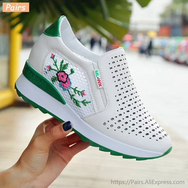 US $10.45 Casual High Heels Loafers Breathable Vulcanize Women Sneakers PU Round Toe Embroider Platform Wedge