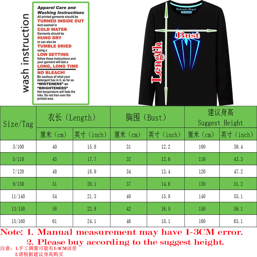 Boys T Shirt Kids 3D Print Luminous Cartoon Cotton Black T-Shirt Girls Teen Costume Children Clothes Tops Long Sleeve Tshirt children t shirt