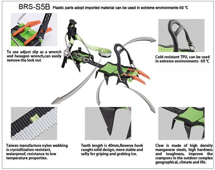 BRS 14 зубов профессиональный открытый скалолазание полный зажим Crampon марганцевая стальная накладка против скольжения на льду альпинистских походов BRS-S5A/B/C