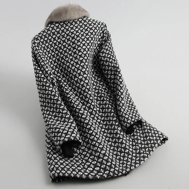 

Real Fur Coat Female Tweed Wool Blend Coats Real Lamb Fur Liner Winter Jacket Women Natural Mink Fur Collar 38627 YQ2023