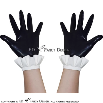 

Black With White Sexy Short Latex Gloves With Ruffles Rubber Mittens ST-0034