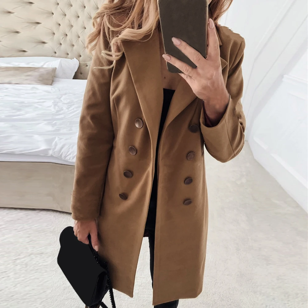 

Women Blend coat Basic kakhi Double-Breasted Mid-Long Blend Pea Coat Solid Color Woolen Coat Autumn Winter Female Jacket Tops