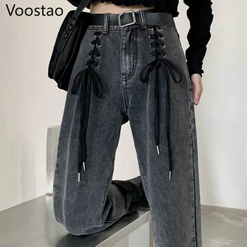 

Fashion Gothic High Waist Denim Pants Women Chic Lace-Up Straight Wide Leg Pants Female Harajuku Y2K Jeans Girly Punk Trousers