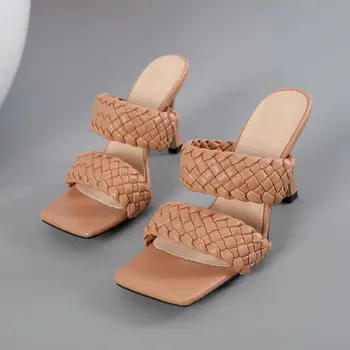 

Summer Slippers Women High heels Fashion braid PU Leather Square toe shoes womens slippers outdoor rome sandals 35-42